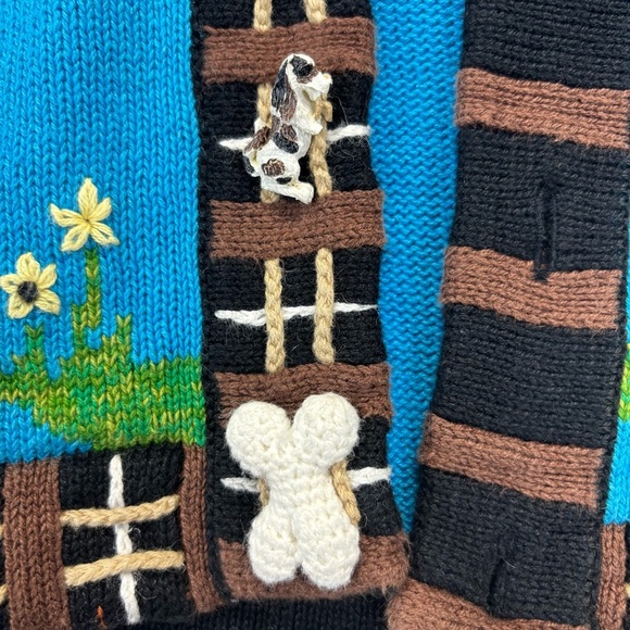 Vtg Storybook Knits Blue Dog Cardigan Sweater Med Cardigan Doggies Bone Buttons - Picture 4 of 10